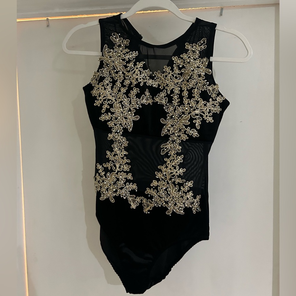 Black lyrical leotard with gold embroidery, top, with headpiece